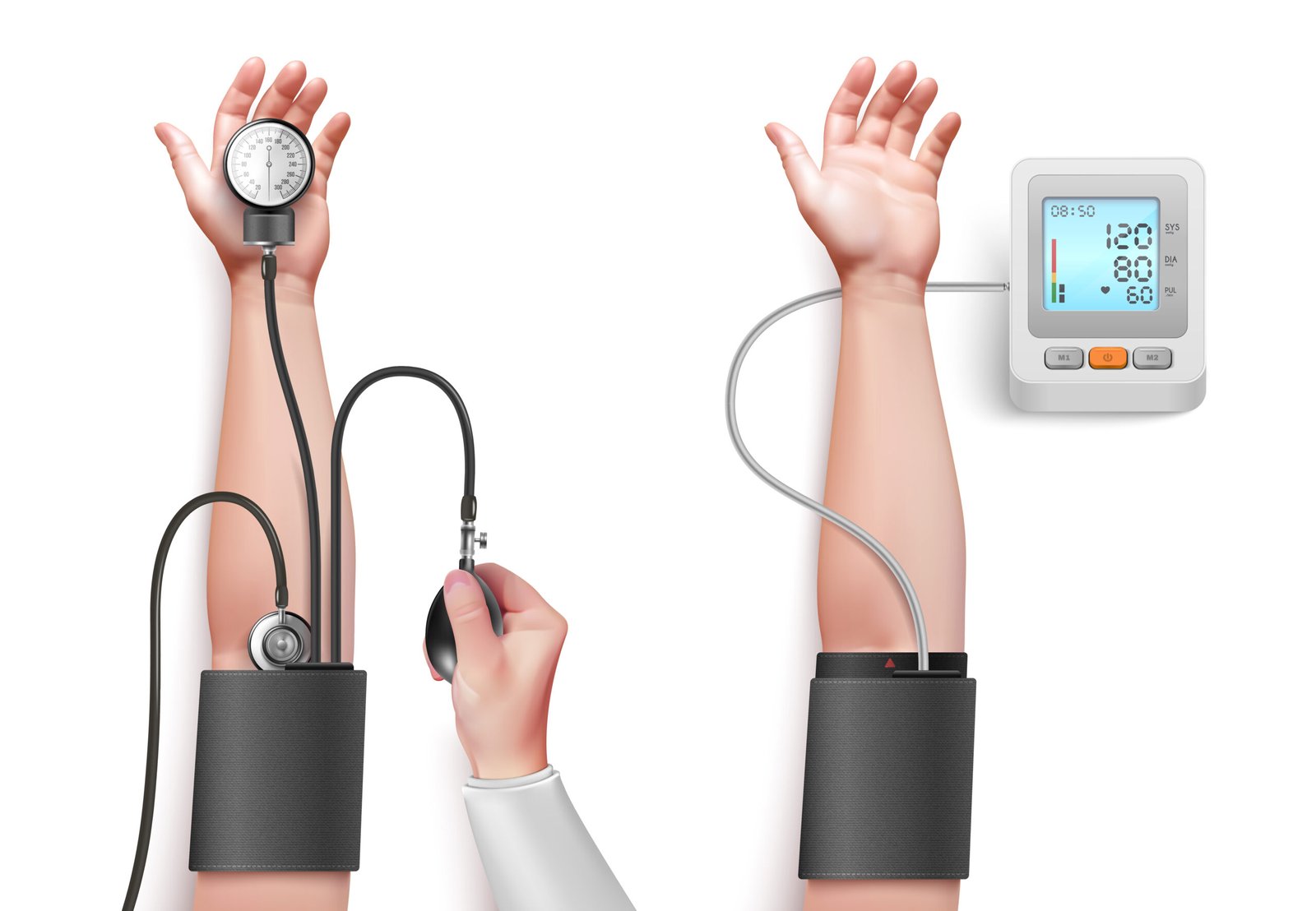 A monitor displaying 120/80 mmHg, illustrating normal blood pressure levels
