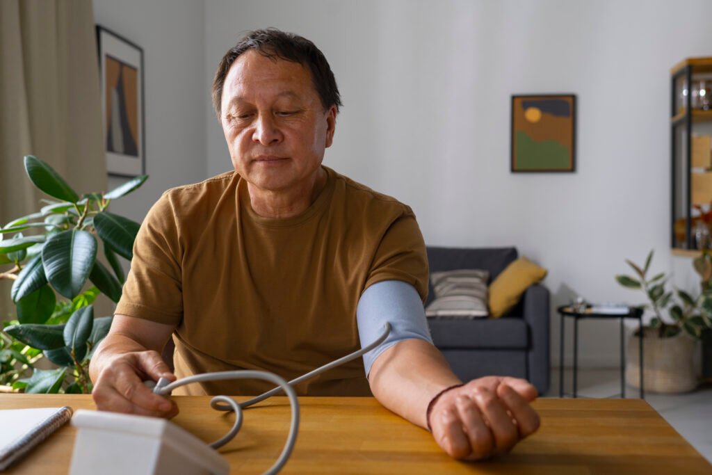 "Man checking his blood pressure at home using a digital BP monitor, promoting self-monitoring and hypertension management."