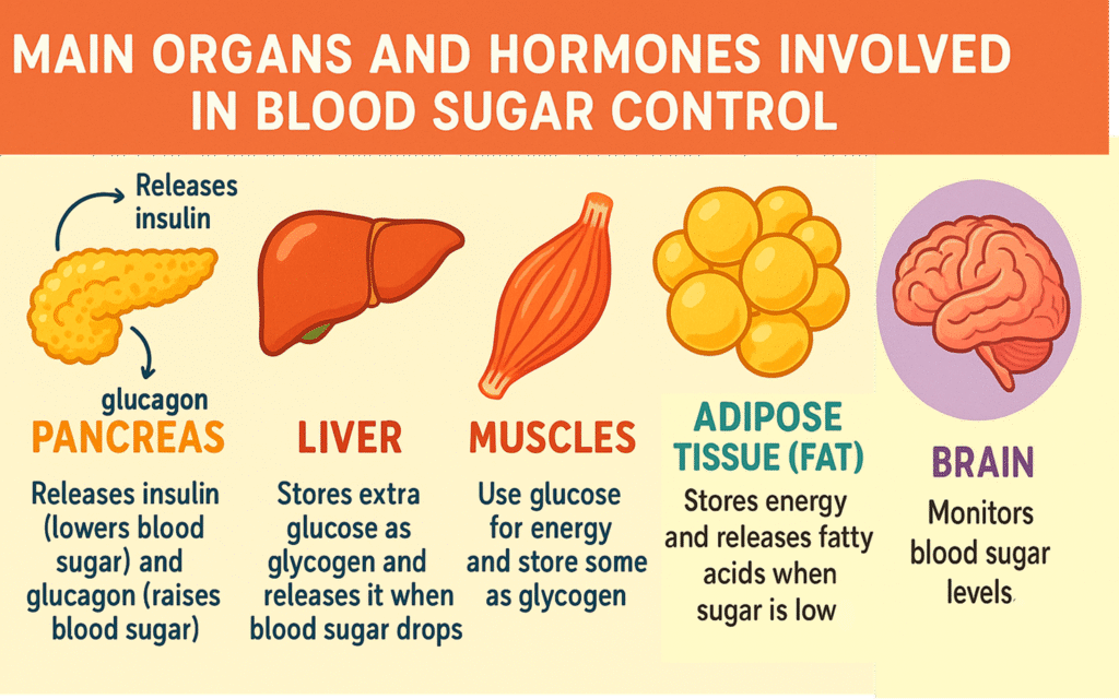 Main organs & hormones in blood sugar regulation