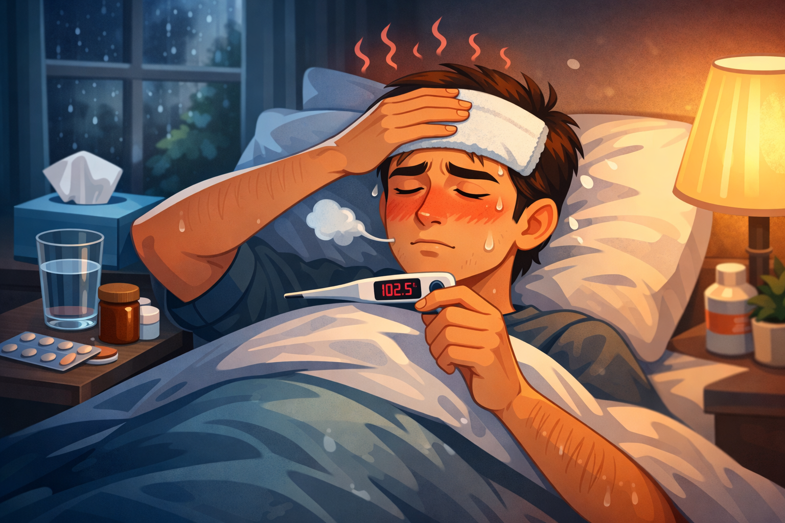 Person with Fever measuring temperature with a thermometer