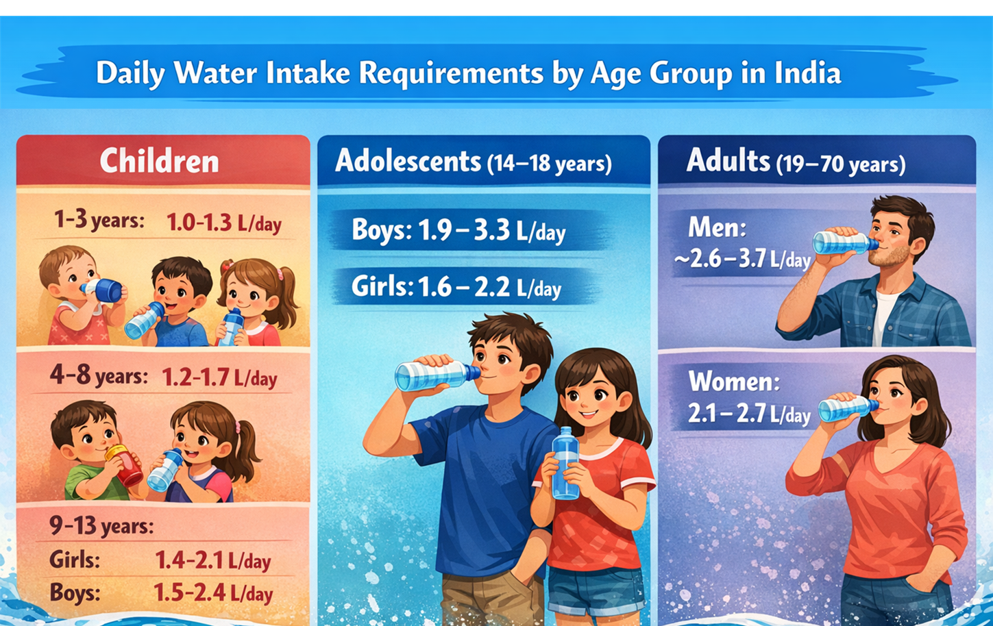 Daily water intake requirements by age group in India